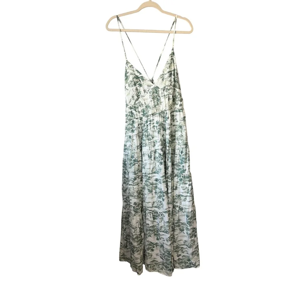 Abercrombie & Fitch Green Tropical Toile Tiered Maxi Dress Large Back Tie V-Neck